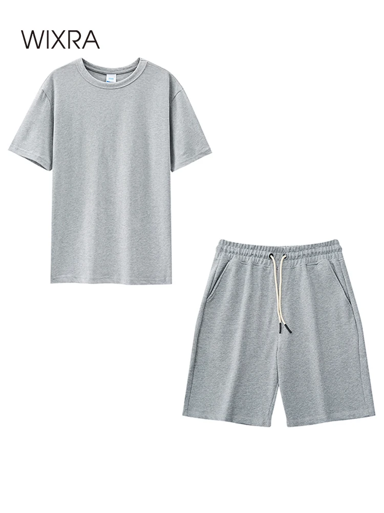 

Комплект с футболкой Wixra мужской из 100% хлопка, топ с круглым вырезом и шорты на шнуровке, повседневный костюм, однотонный размера плюс, лето