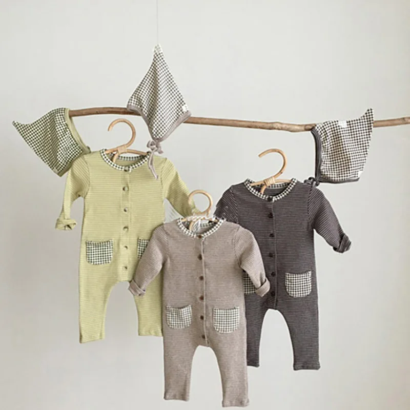 

MILANCEL 2021 Spring New Baby Rompers Cotton Toddler Clothes Striped Suit With Hat