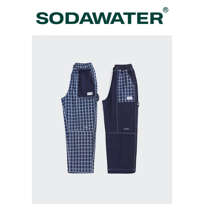 

SODAWATER Mens Harajuku Plaid Denim Pants Streetwear 2020 New Loose Fit Patch Jeans Pants Male Elastic Waist Casual Baggy Pant