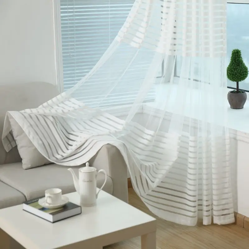 White Tulle Современная короткая сетчатая ткань для штор классическая полоса Заказные готовые шторы тюль оконные шторы для гостиной - Цвет: White Tulle
