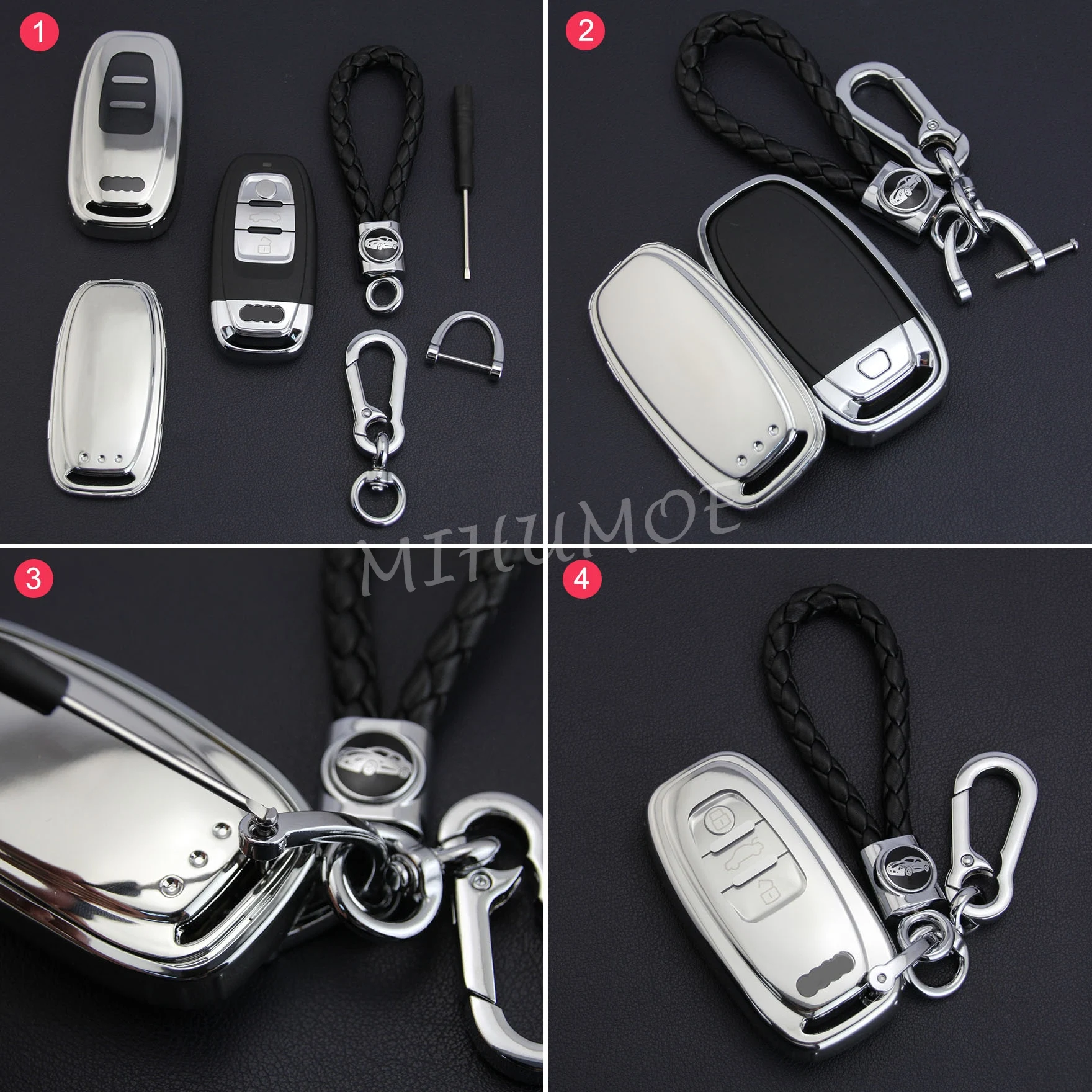 

Full Car Key Cover Fob Chain Ring Case Holder For Audi Q5 A4 B8 A5 A6 A7 A8 S4 S5 S6 S7 S8 SQ5 Accessories Silver