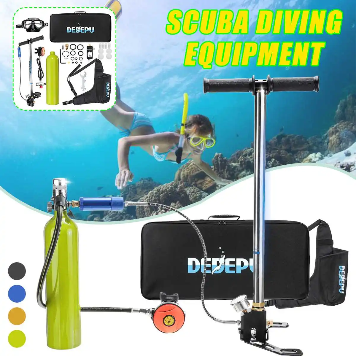 

7pcs/set DEDEPU 1L Scuba Diving Tank Oxygen Cylinder with Respirator Snorkeling Diving Mask Hand High Pressure Pump