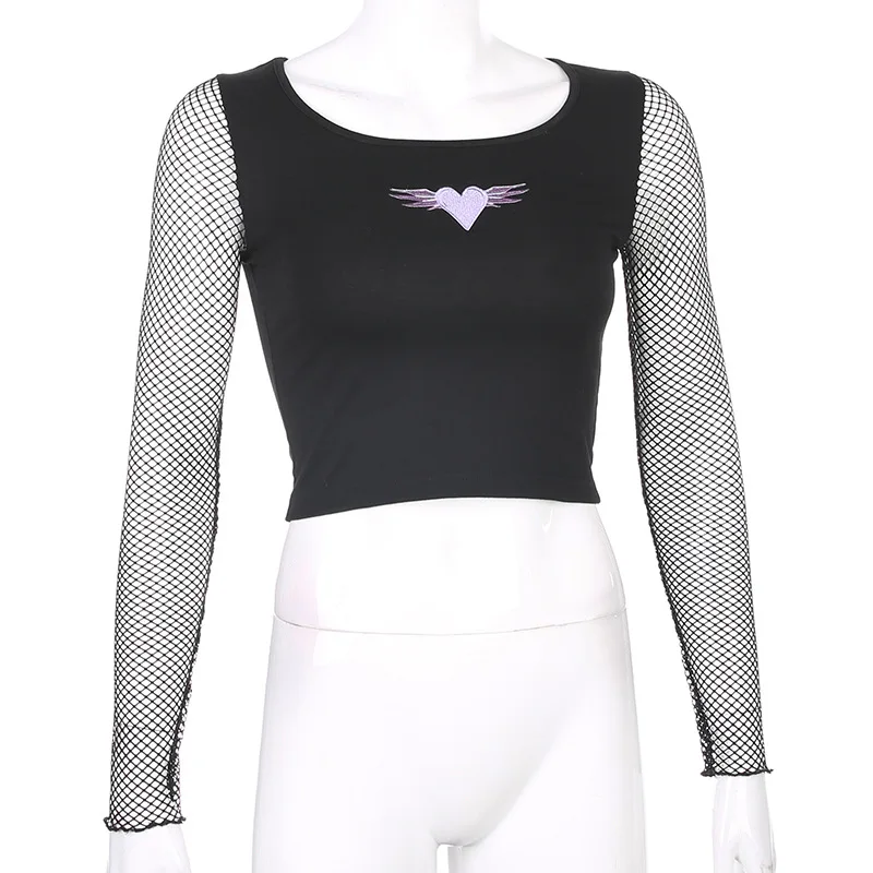 

Goth Patchwork Top Graphic Mesh Fishnet Tops Egirl Black T Shirt Y2K Aesthetic Long Sleeve Clothes Fall 2020 Women Embroidery