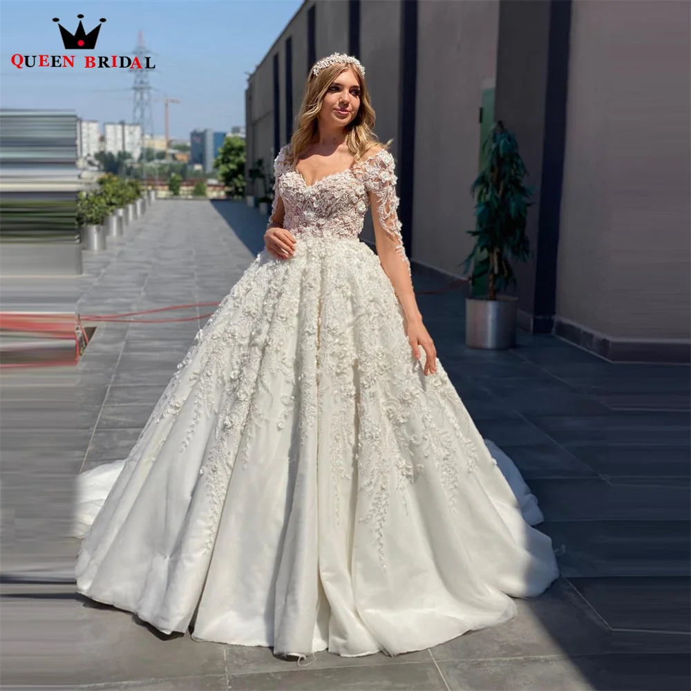 

Ball Gown Wedding Dresses Long Sleeve Tulle Lace Appliques Crystal Luxury Elegant Formal Bride Dress Custom Make JY40