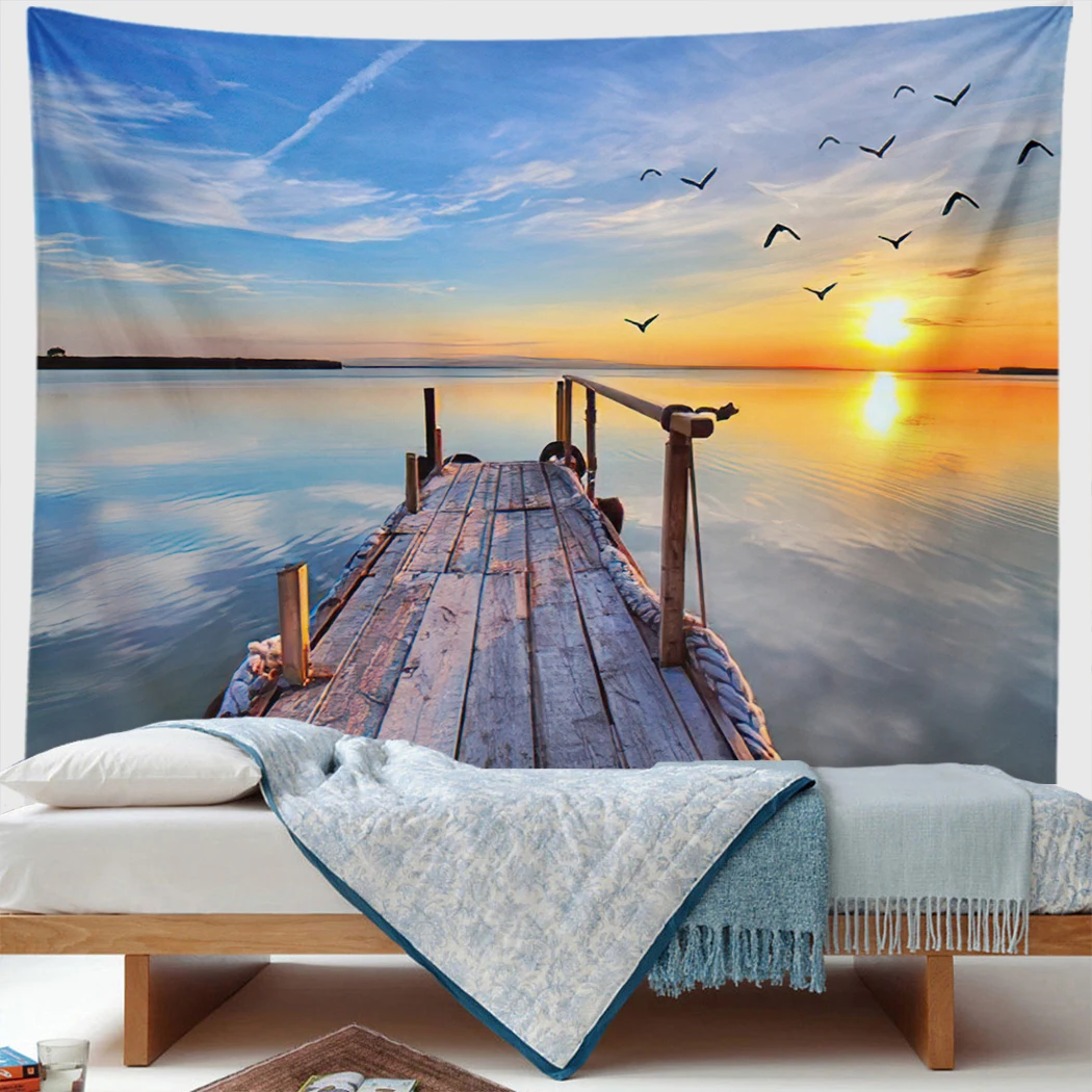 

Natural Landscape Tapestry Seaside Small Bridge Seagull Modern Art Wall Hanging Boho Home Decoration Picnic Mat Carpet Gifts