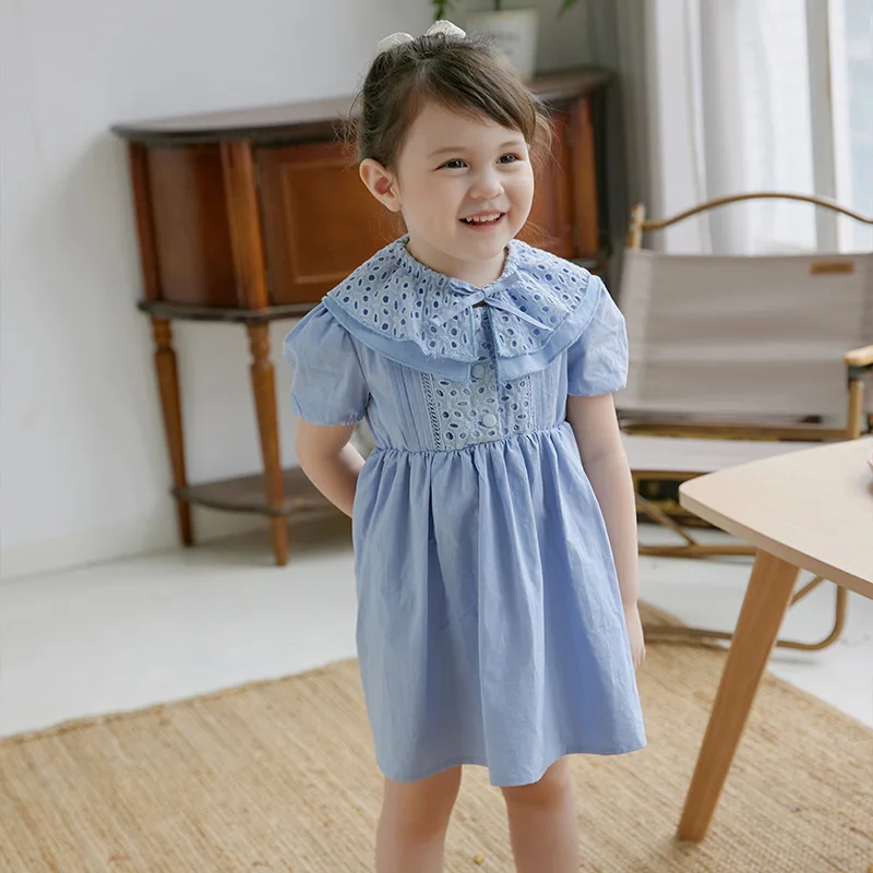 

Kids summer fashion clothes 2021 Sweet pink blue solid color dress hollow large lapel lace dress