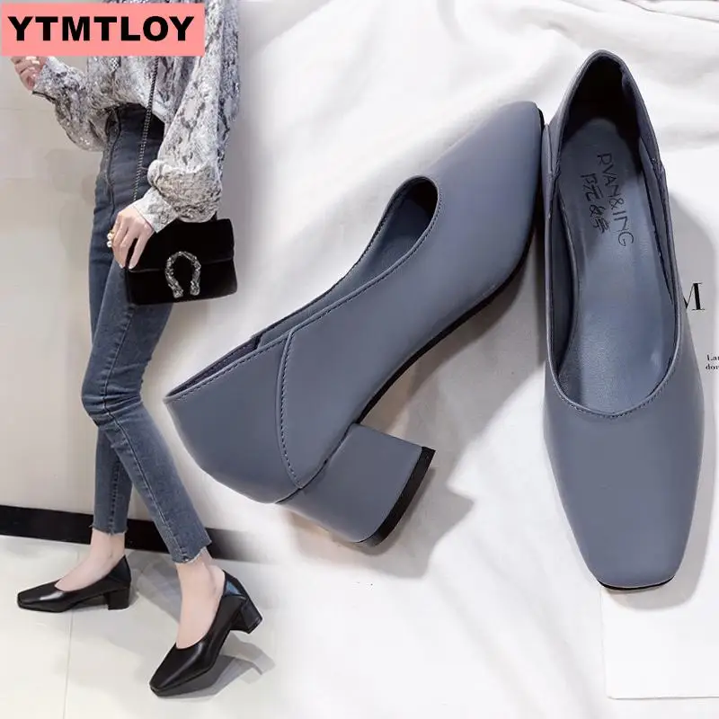 Женская обувь с закрытым носком на толстом каблуке удобные женские туфли лодочки