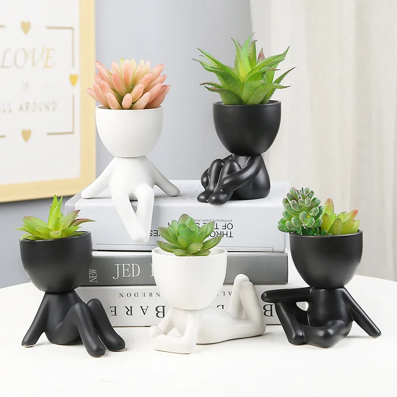 

Nordic succulent plant pots personality creative black ceramic small vase ornaments crafts cute little people potted flower pots