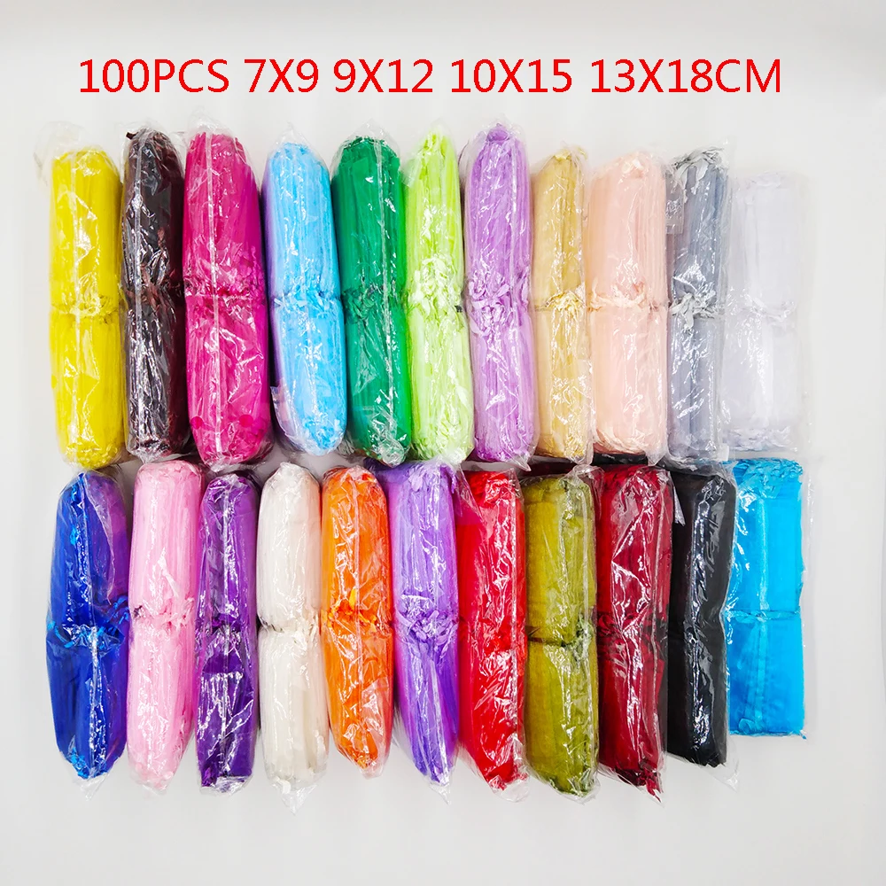 100 шт., 7x9, 9x12, 10x15, 13x18 см, сумки из органзы для упаковки ювелирных изделий, сумки для украшения свадебной вечеринки, сумки для подарков, 24 цвета