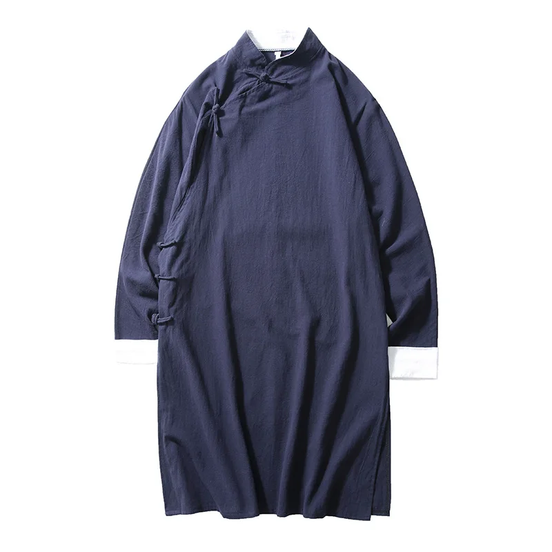 

Spring Summer Men's New Style Thin Stand-up Collar Chinese Disc Buckle Oblique Breasted Robe Tang Suit Youth Mid-length Coat
