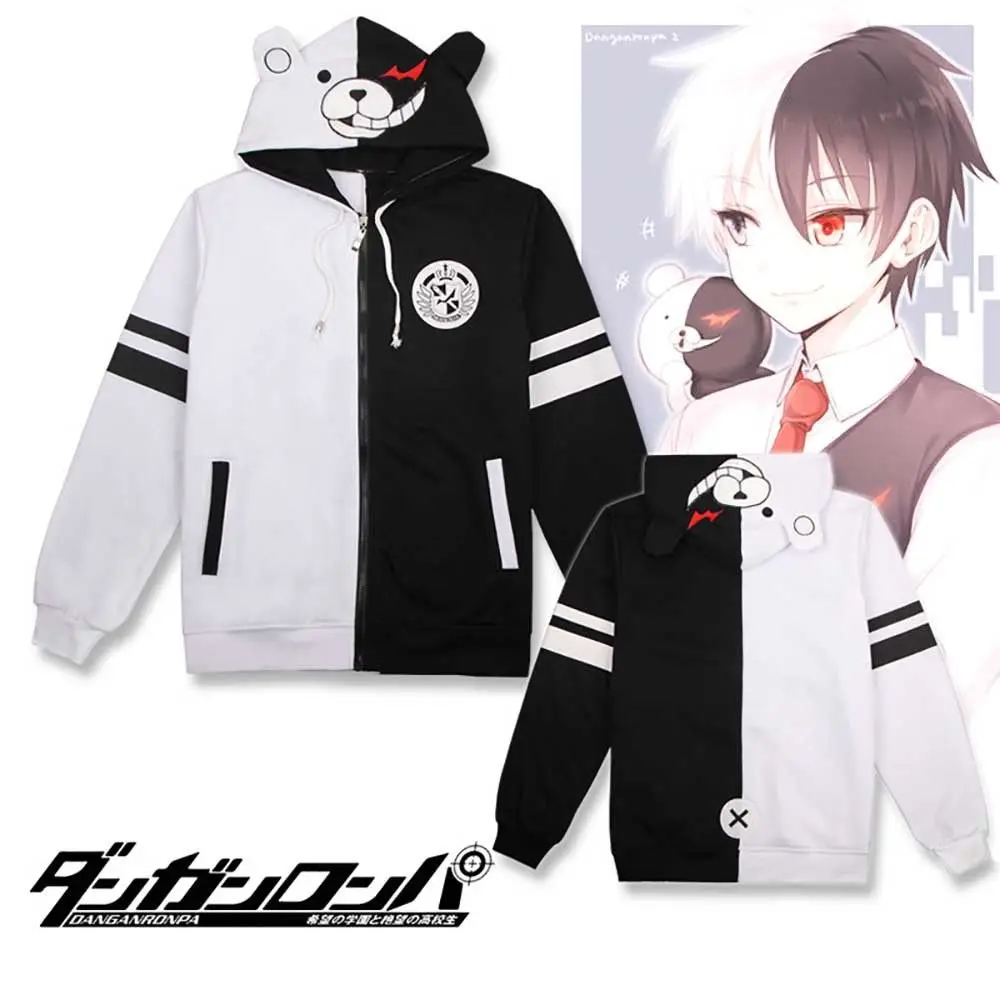 Anime danganronpa monokuma cosplay costume unisex 3D hoodie black white bear long sleeve daily casual streetwear coat