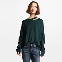 new european and american fashion simple versatile solid color neckline asymmetric hollowed out sweater