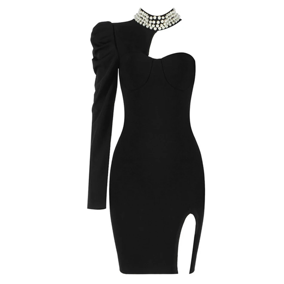 

Summer 2021 New Women's Black Burgundy Sexy Pearl One Shoulder Long Sleeve Bandage Dress Bodycon Celebrity Club Party Dress