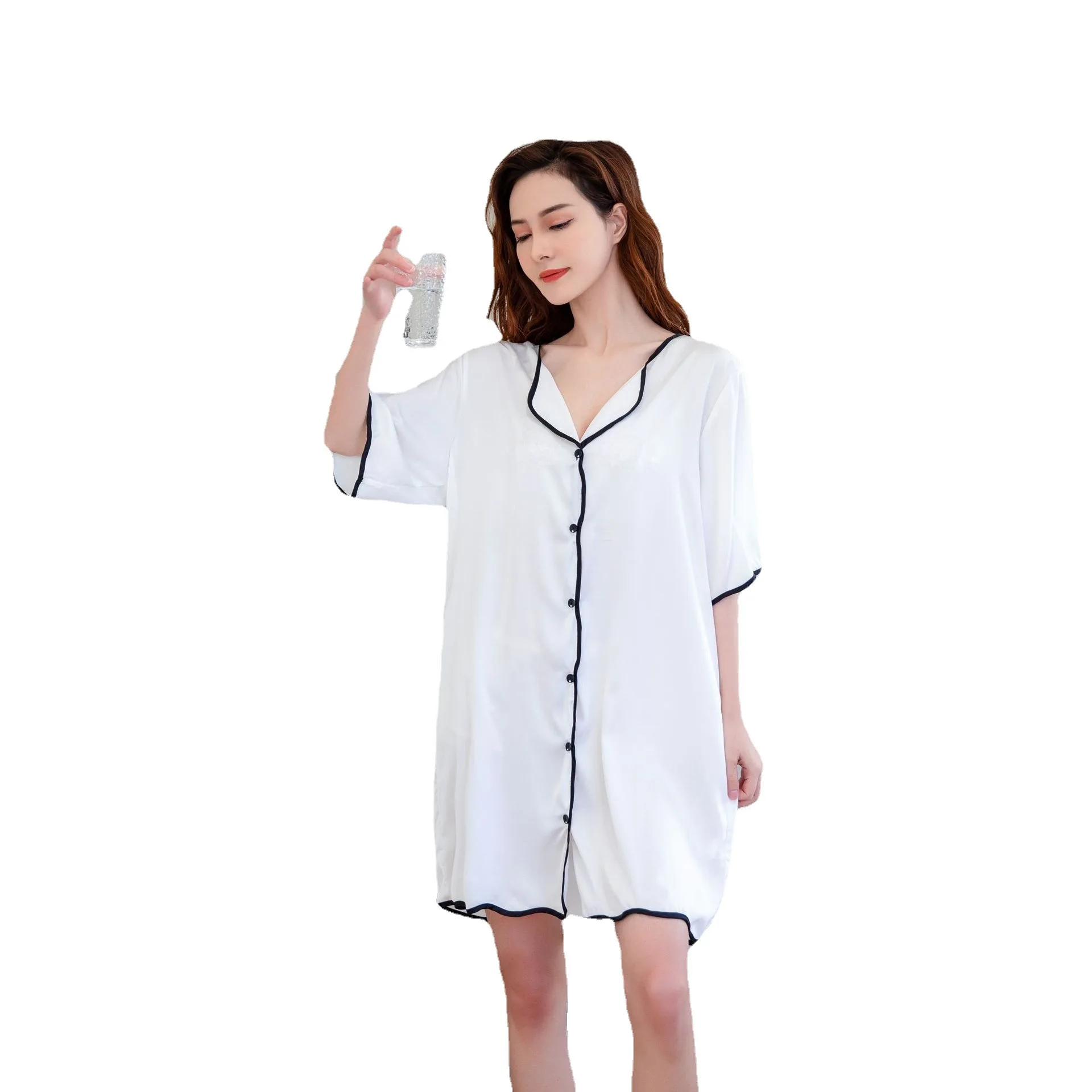 

V-Neck Women Nightgown Sexy Intimate Lingerie Short Sleeve Nightdress Short Female Satin Home Dressing Gown Casual Homewear