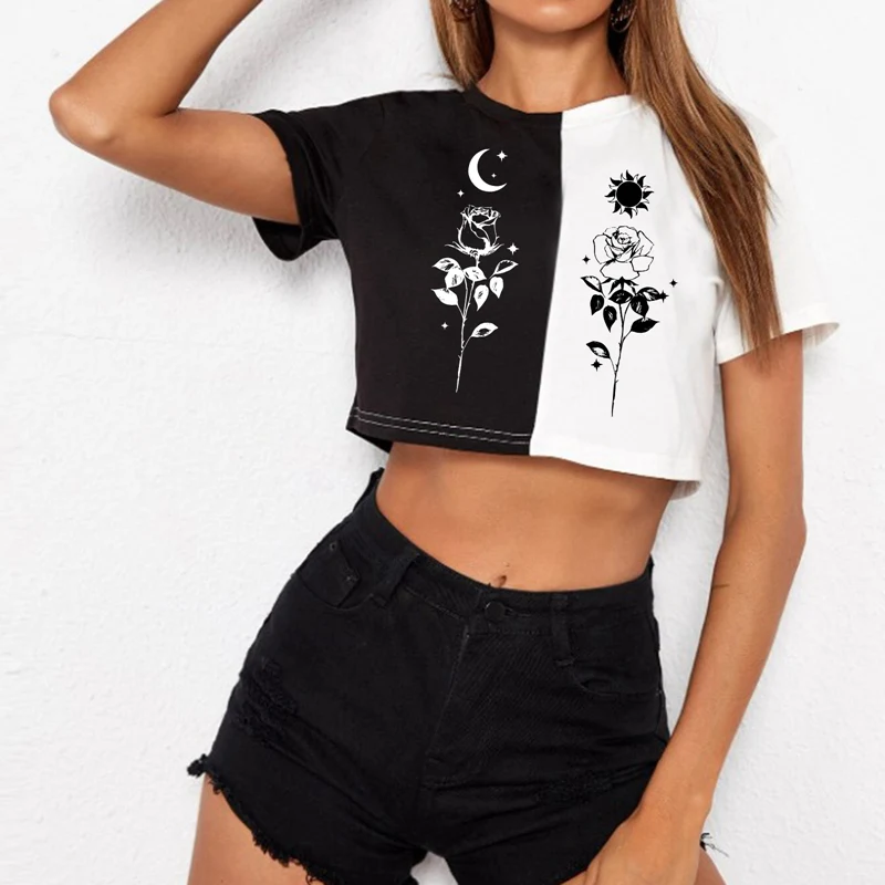 

Contrast Color Patchwork Harajuku T-shirt Rose Graphic Printed Crop Tops Dark E-girl Streetwear Fashion T Shirts Short Sleeve