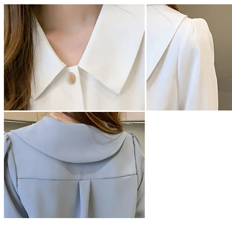 

LJSXLS 2021The New Summer Solid Chiffon Turn-down Collar Short Sleeve Blouses Women Button Loose White Blue Versatile Ladies Top
