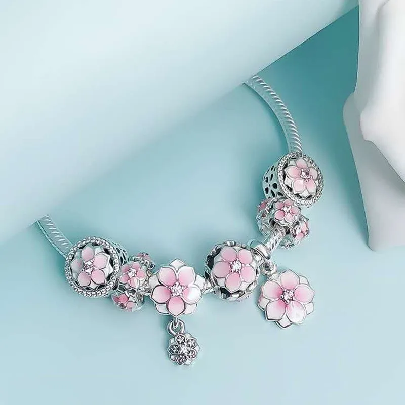 

925 Sterling Silver Peach Blossom Series Charm With Peach Blossom Button Bracelet Fit Original Pan Charm Female Diy Jewelry