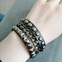 retro multi layer rock rivet chain wide cuff leather bracelet mens luxury gothic punk mens bracelet jewelry gift free delivery