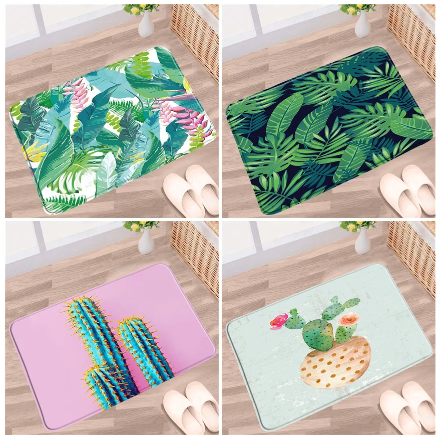 

Green Tropical Plant Bathroom Mat Palm Leaf Cactus Flower Pattern Anti-slip Rugs Flannel Home Decor Bath Kitchen Doorway Carpet