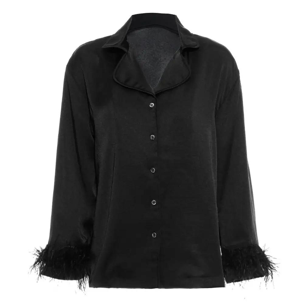 

2019 Autumn Winter Ostrich Feather Decorated Long Sleeve Women Blouse Top Casual Chic Loose Shirt
