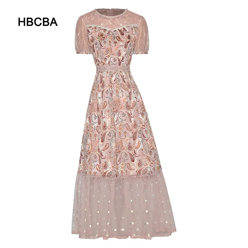

HBCBA Round Neck Heavy Industry Nail Bead Short Sleeve Waist Closing Vintage Printed Screen Sequin Splicing Dress 2021 Women's