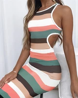 stripe print hollow out backless buttock wrapped sleeveless womens midi dress summer ladies elegant party sexy bodycon dresses