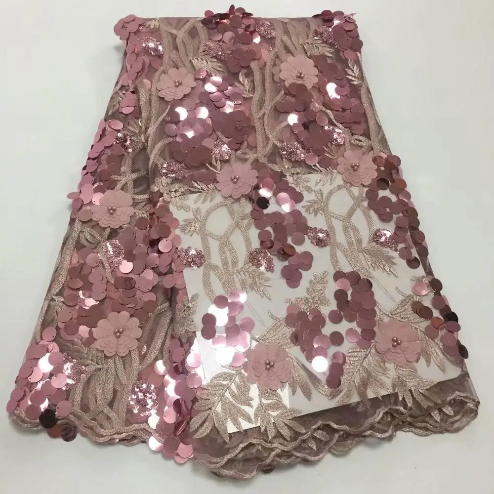 

New Applique Beads African Lace Fabric 3d Flower With Embroidery Sequence White French Tulle Lace Fabric For Wedding Dress