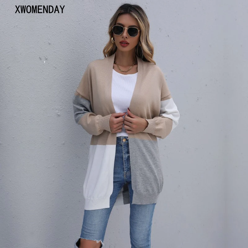 

мода женский длинный кардиган с цветными блоками, повседневные свободное вязаный свитер с v-образным вырезом и длинным рукавом, нарядная ос...