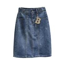 metal letter b denim skirts summer 2022 high waist jeans skirts women ripped pencil skirts ankle length