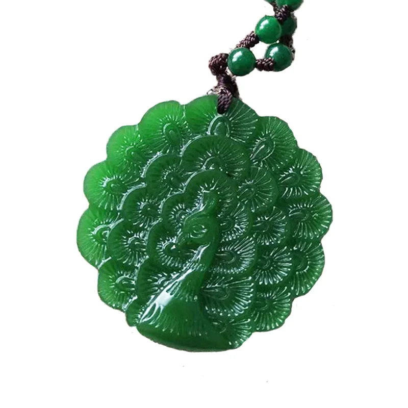 Women Necklace Pendant Green White Nephrite Jade Carved Peacock Open Screen Gift for Female Fashion Jewelry | Украшения и
