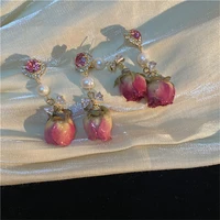 retro natural real flower eternal flower earrings niche design sense freshwater pearl femaleaint for women long earrings jewelry