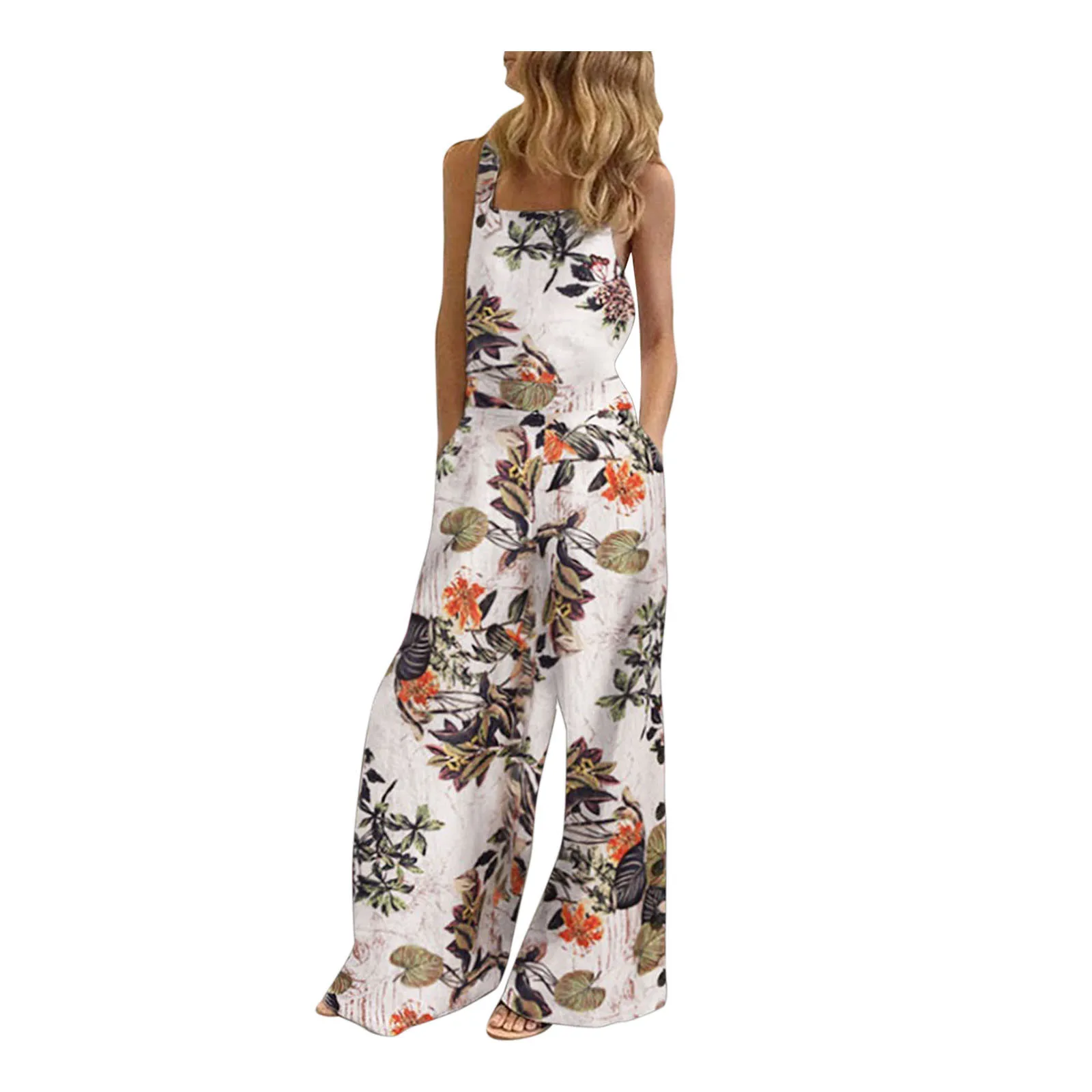 

Summer Casual Jumpsuit Women Sleeveless Overalls Jumpsuit Casual Floral Print Wide Leg Bib Playsuit Pants Jumpsuits Outfits
