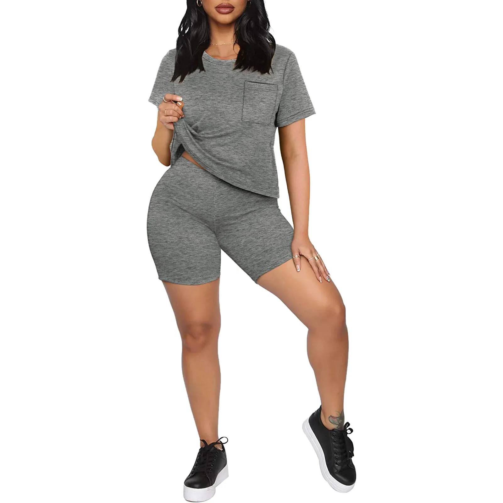

New Arrival 2 Piece Sportswear Suit Ladies Solid Color O Tie Pocket Nine-Point Short-Sleeved T-Shirt + Summer Shorts Casual Wear