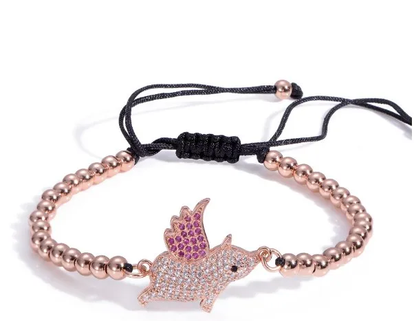 Браслет Летающая Свинья с кристаллом микро-паве из фианита браслет Регулируемый