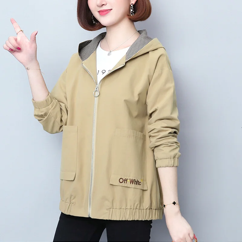 

Fashion Women Spring Hooded Trench Coat Loose Plus Size 4XL Tooling Tops Letter Embroidery Windbreaker Female Autumn Thin Coats