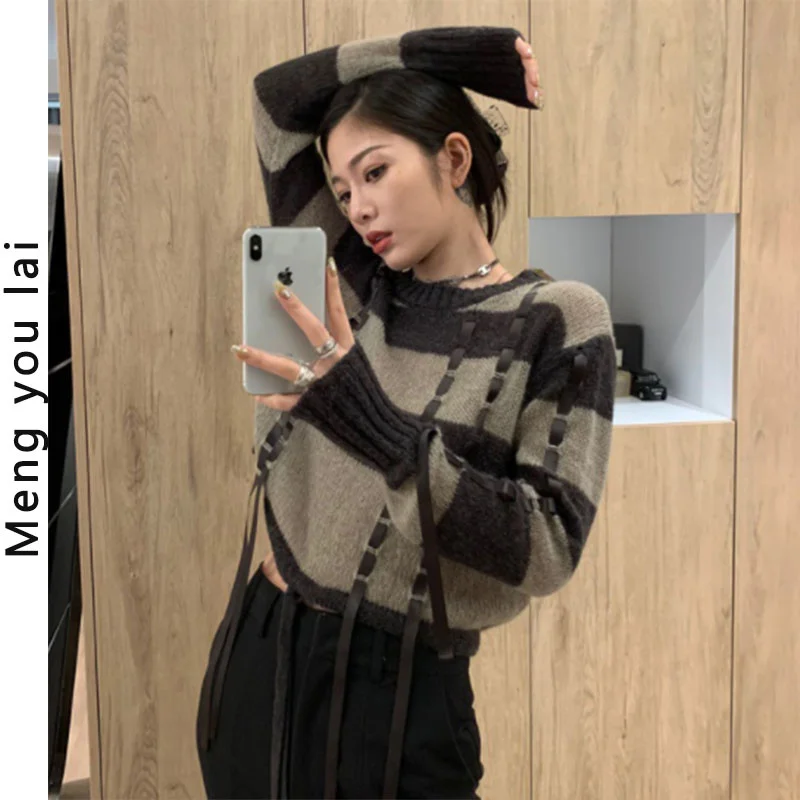 

Осенне-зимний дизайн, нежный Топ, полосатая трикотажная нижняя рубашка в стиле простоя, женская мягкая клейкая рубашка в стиле ретро