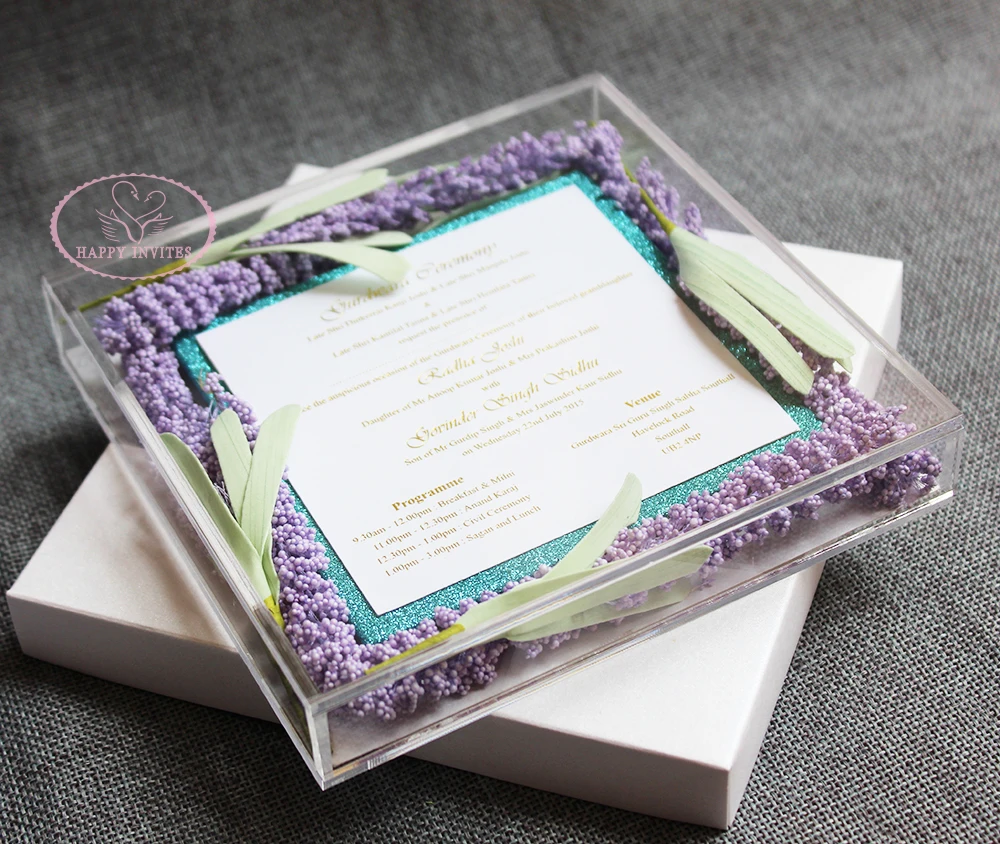 Free Shipping HI4083 Acrylic Box Wedding Invitation with Lavender Flowers Gold Foil Print For Theme | Дом и сад