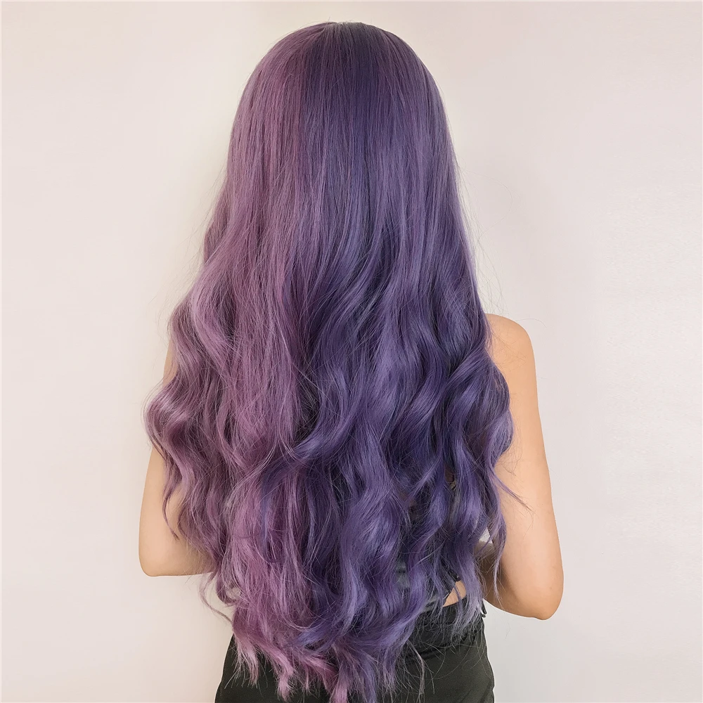 Purple Long Wavy Synthetic Wig with Bangs Cosplay Christmas Halloween Hair Two Tone Ombre Wig For Women Deep Wave Heat Resistant