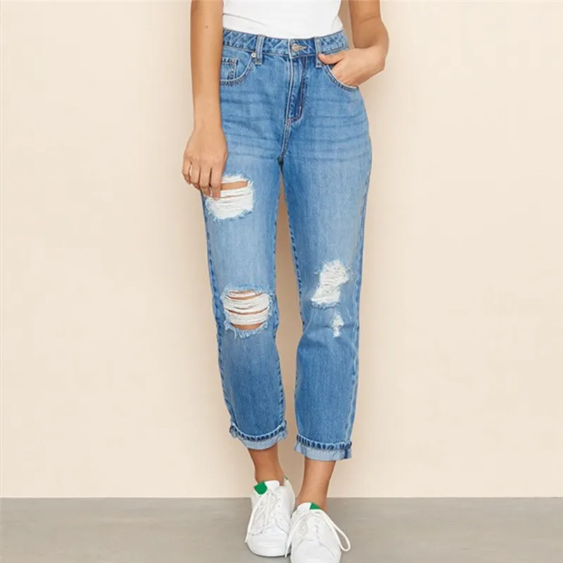 High Waist Jeans Fashion Streetwear Womens Solid Color Hole Pocket Button Zipper Denim Slim Fit Skinny Nine Pants E15 | Женская одежда
