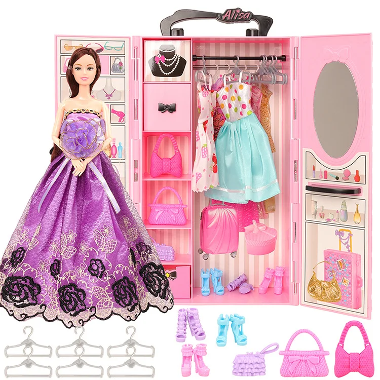 

Модная мебель для кукольного домика 16 предметов/комплект = 1 гардероб + 15 аксессуаров для кукол Одежда для кукол короны Сумка Обувь для Барби