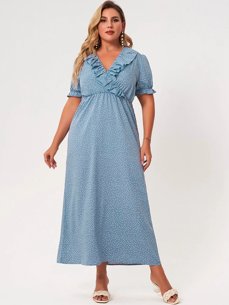 

New Summer Dress Women 2022 Plus Size Light Blue Wave Point V-neck Short Ruffle Loose Casual Elegant Sweet Party Long Dresses