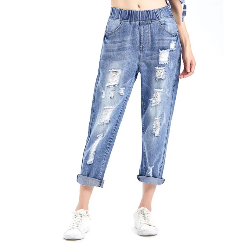 

Ripped Jeans For Women High Waist Loose Softener Plus Size Light Blue Ankle-length Denim Harem Pants 6xl 7xl 8xl
