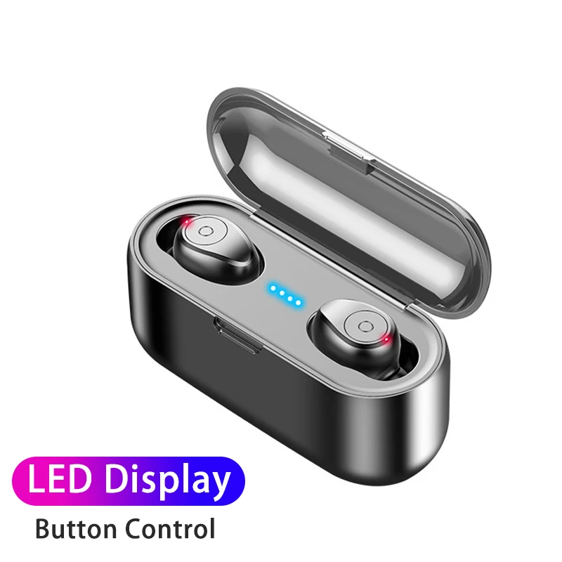 Button Black F9 TWS Bluetooth earphone LED Display Wireless headphones Touch Control Bluetooth wireless earphones With 2000mAh Power Bank - Color: Button Black