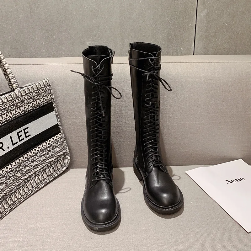 Высокие сапоги трубы на шнуровке Женские толстой подошве Зимние до колена с