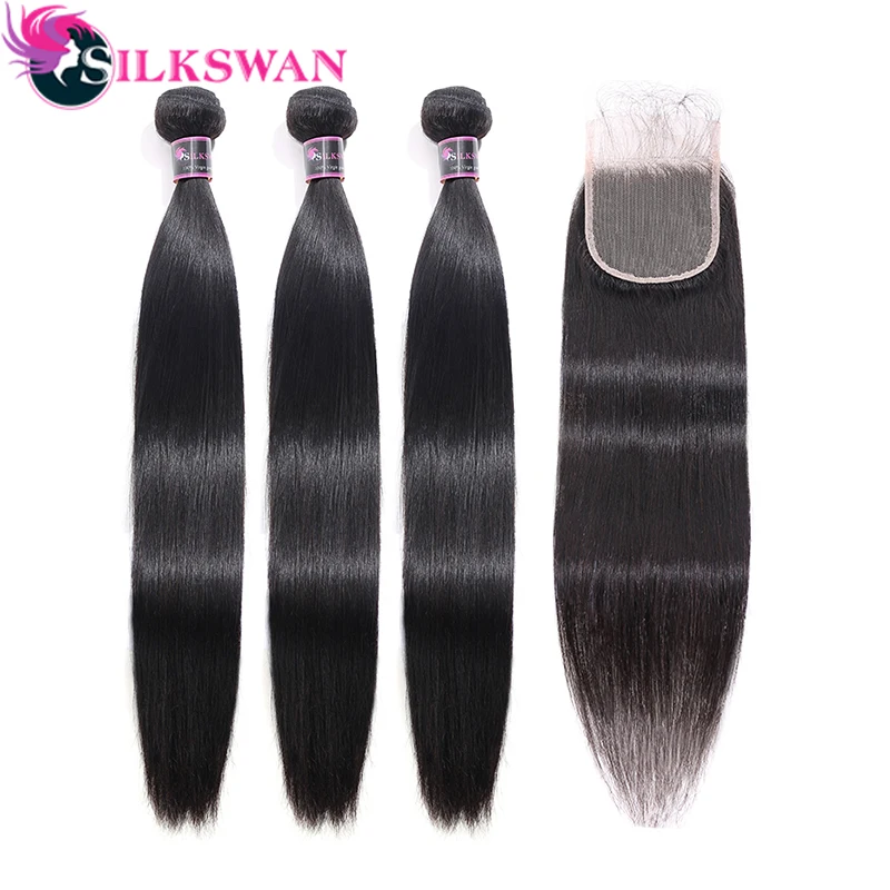 Silkswan бразильские прямые Человеческие волосы remy 10-40 дюймов Пряди с закрытием с детскими волосами для женщин