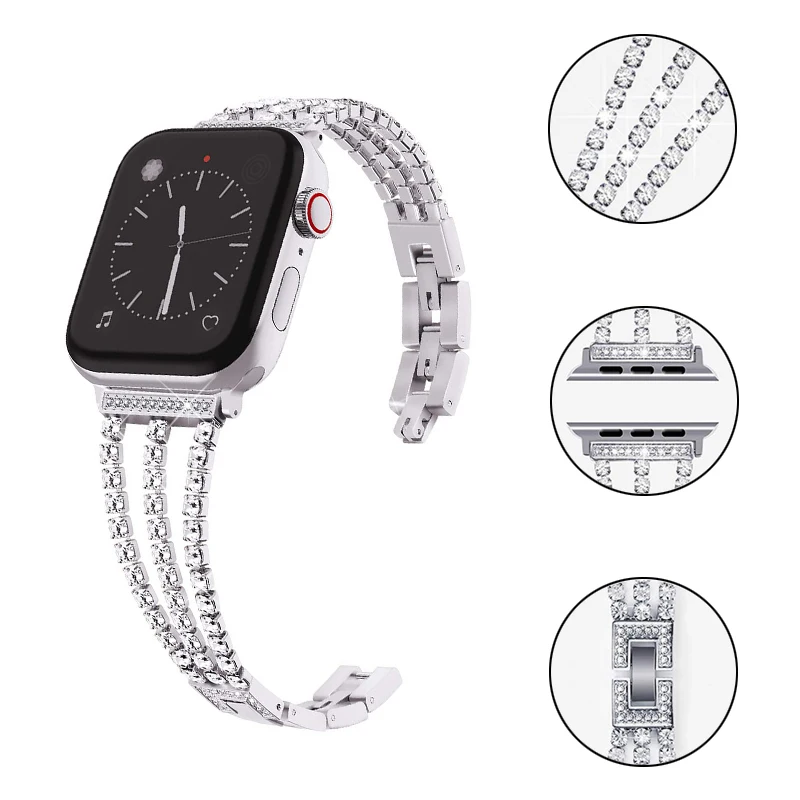 

Ремешок из нержавеющей стали для Apple Watch Band 38 мм 40 мм 41 мм 42 мм 44 мм 45 мм, браслет со стразами для IWatch Series 7 6 SE 5 4 3 2