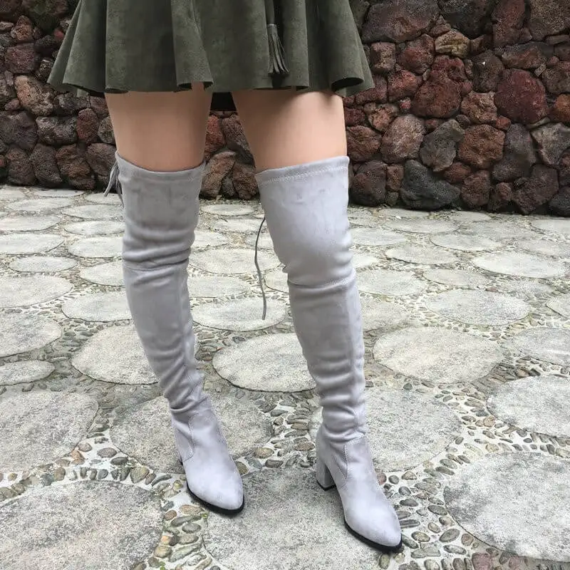Light Gray Женские ботфорты выше колена; высокие эластичные сапоги на высоком каблуке; женские зимние сапоги; цвет винный, бежевый, черный, серый; обувь - Цвет: Light Gray