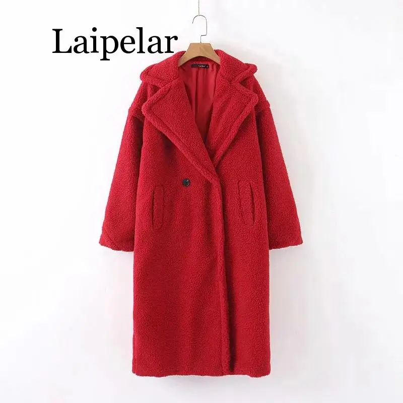 Женское пальто из искусственной овечьей шерсти красное зимнее оверсайз плотное