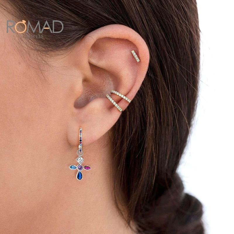 

ROMAD 925 Sterling Silver Earrings Dangle Drop Earrings For Women Cross Pendant Gold Earrings Charming Jewelry Aretes De Mujer