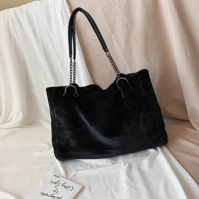 Original Brand Autumn And Winter Plush Shoulder Bag& Large Capacity Chain Tote Bag Width 49cm High 31cm Thickness 13cm - Цвет: Черный